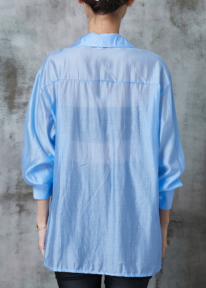 Fine Blue Asymmetrical Wrinkled Linen Blouse Top Summer Al1021