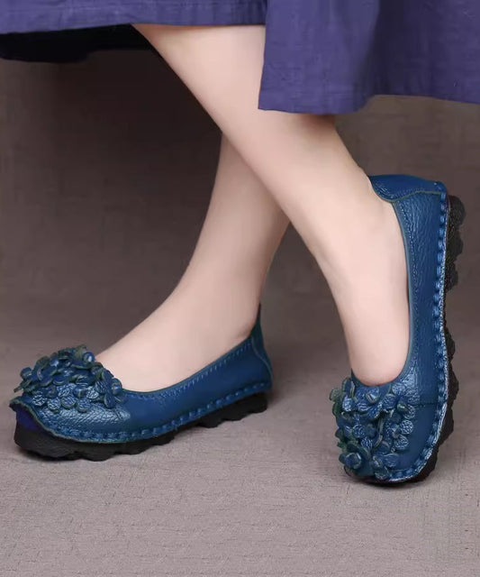 Fine Blue Flower Splicing Cowhide Leather Flat Shoes Sl1015