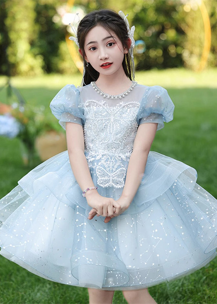 Fine Blue Nail Bead Bow Tulle Maxi Dresses Summer Qv008
