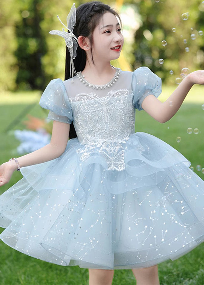 Fine Blue Nail Bead Bow Tulle Maxi Dresses Summer Qv008