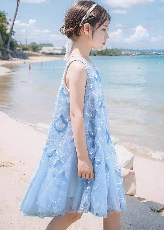 Fine Blue O-neck Sequins Tulle Maxi Dress Sleeveless Ew003