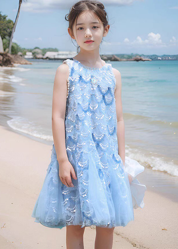 Fine Blue O-neck Sequins Tulle Maxi Dress Sleeveless Ew003