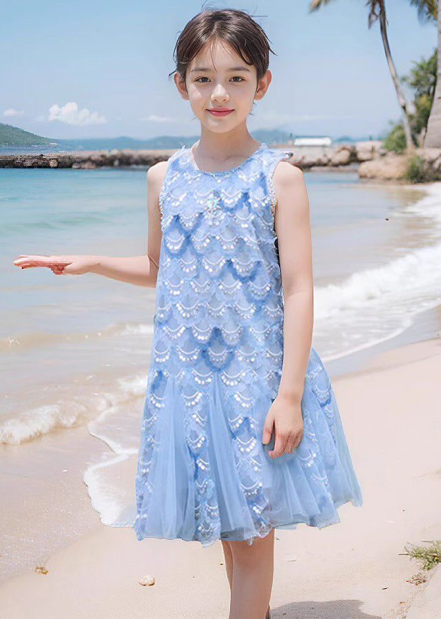 Fine Blue O-neck Sequins Tulle Maxi Dress Sleeveless Ew003