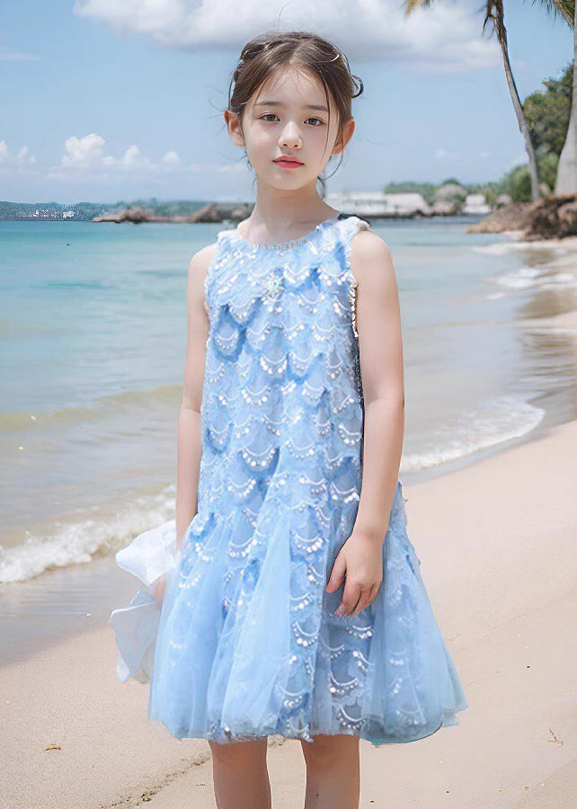 Fine Blue O-neck Sequins Tulle Maxi Dress Sleeveless Ew003