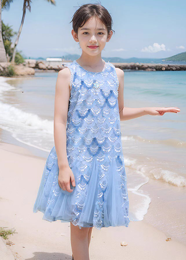 Fine Blue O-neck Sequins Tulle Maxi Dress Sleeveless Ew003