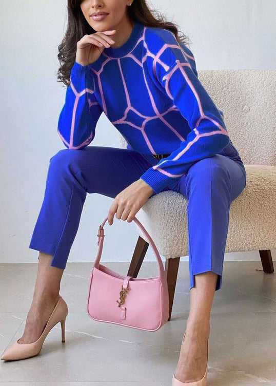 Fine Blue O Neck Thick Striped Knit Sweater Fall Qy001