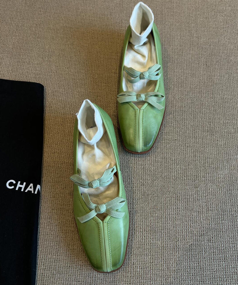 Splicing Green Fine Comfy Bow Sheepskin Flats