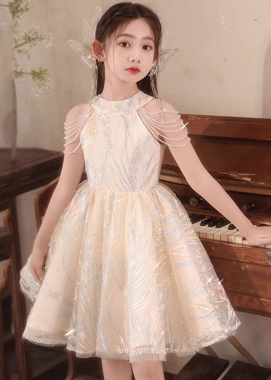 Fine Champagne O-neck Nail Bead Tassel Tulle Long Dresses Summer Qv022