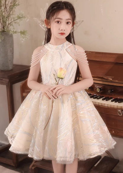 Fine Champagne O-neck Nail Bead Tassel Tulle Long Dresses Summer Qv022