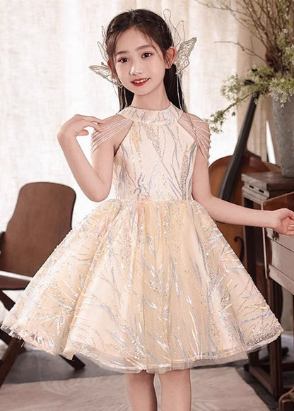 Fine Champagne O-neck Nail Bead Tassel Tulle Long Dresses Summer Qv022
