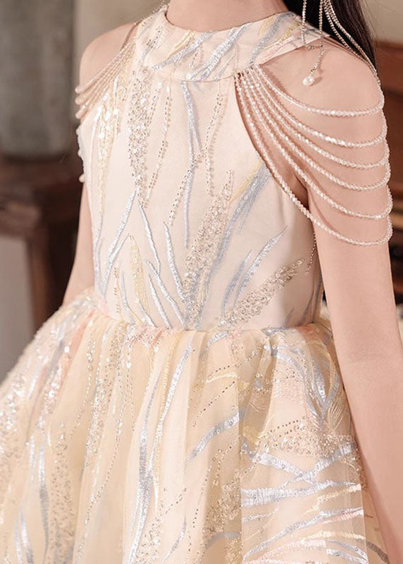 Fine Champagne O-neck Nail Bead Tassel Tulle Long Dresses Summer Qv022