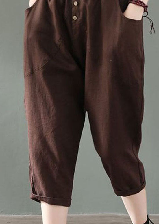 Fine Coffee Pockets Patchwork Linen Crop Pants Summer Ly0589