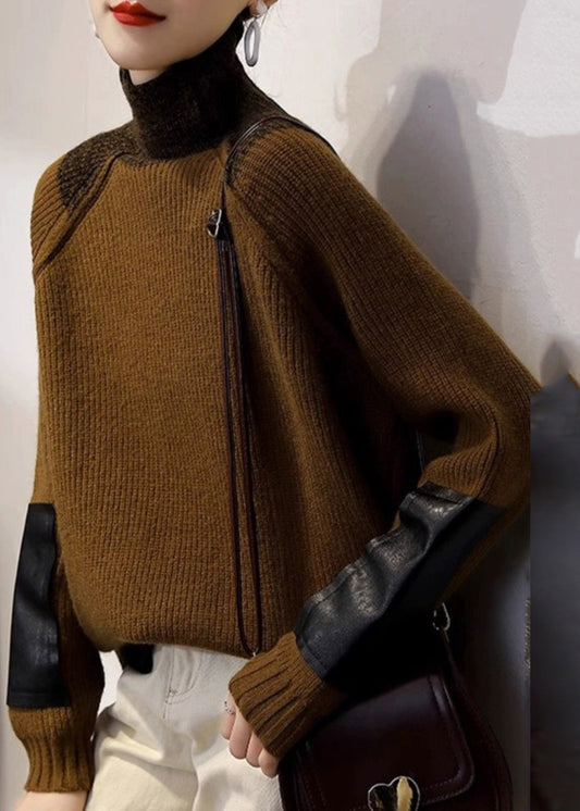 Fine Coffee Turtleneck Patchwork Thick Cotton Knit Sweater Tops Winter Rk011
