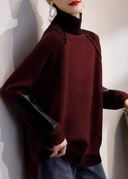 Fine Coffee Turtleneck Patchwork Thick Cotton Knit Sweater Tops Winter Rk011