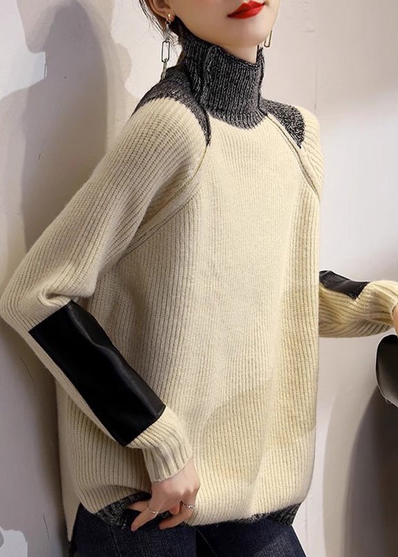 Fine Coffee Turtleneck Patchwork Thick Cotton Knit Sweater Tops Winter Rk011