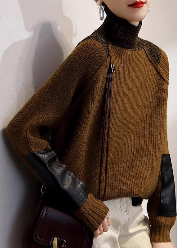 Fine Coffee Turtleneck Patchwork Thick Cotton Knit Sweater Tops Winter Rk011