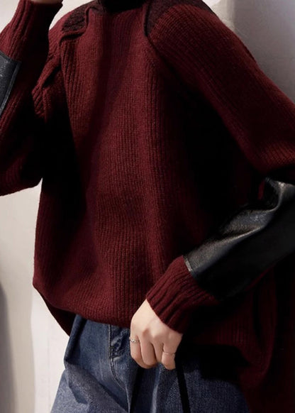 Fine Coffee Turtleneck Patchwork Thick Cotton Knit Sweater Tops Winter Rk011