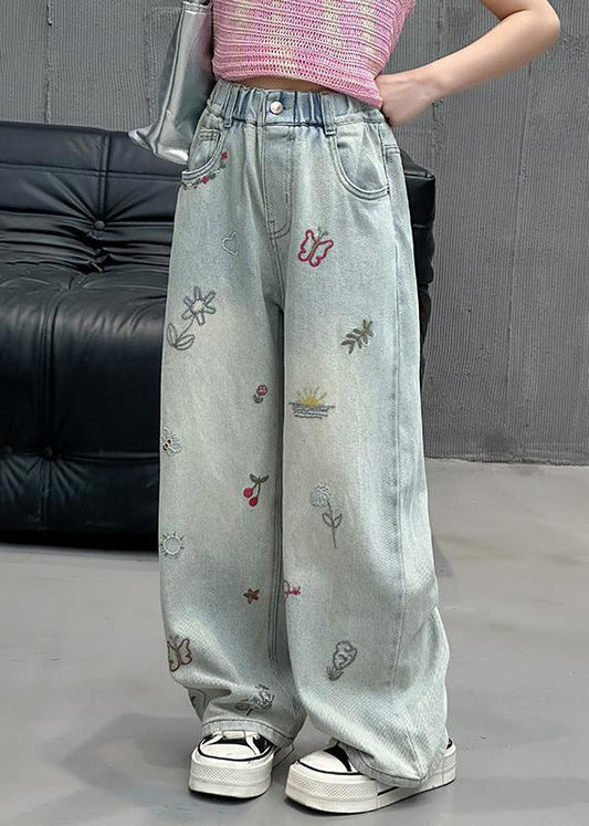 Fine Denim Blue Print Elastic Waist Straight Pants Spring Tv002