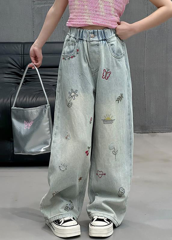 Fine Denim Blue Print Elastic Waist Straight Pants Spring Tv002
