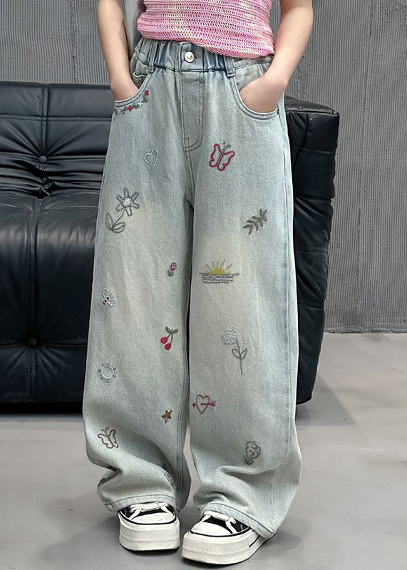 Fine Denim Blue Print Elastic Waist Straight Pants Spring Tv002
