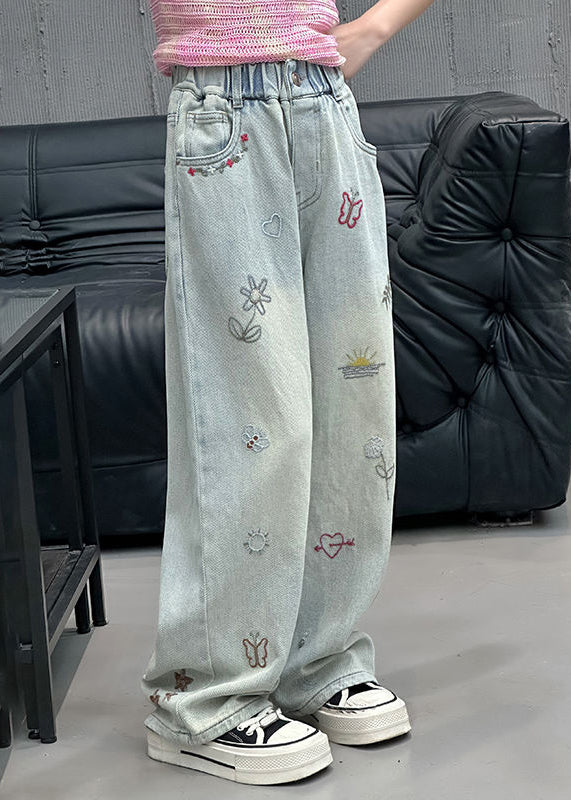 Fine Denim Blue Print Elastic Waist Straight Pants Spring Tv002