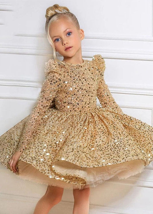 Fine Gold O-neck Sequins Tulle Kids Long Dresses Spring Ys009