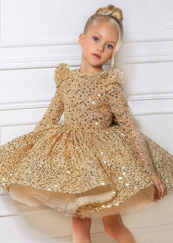 Fine Gold O-neck Sequins Tulle Kids Long Dresses Spring Ys009