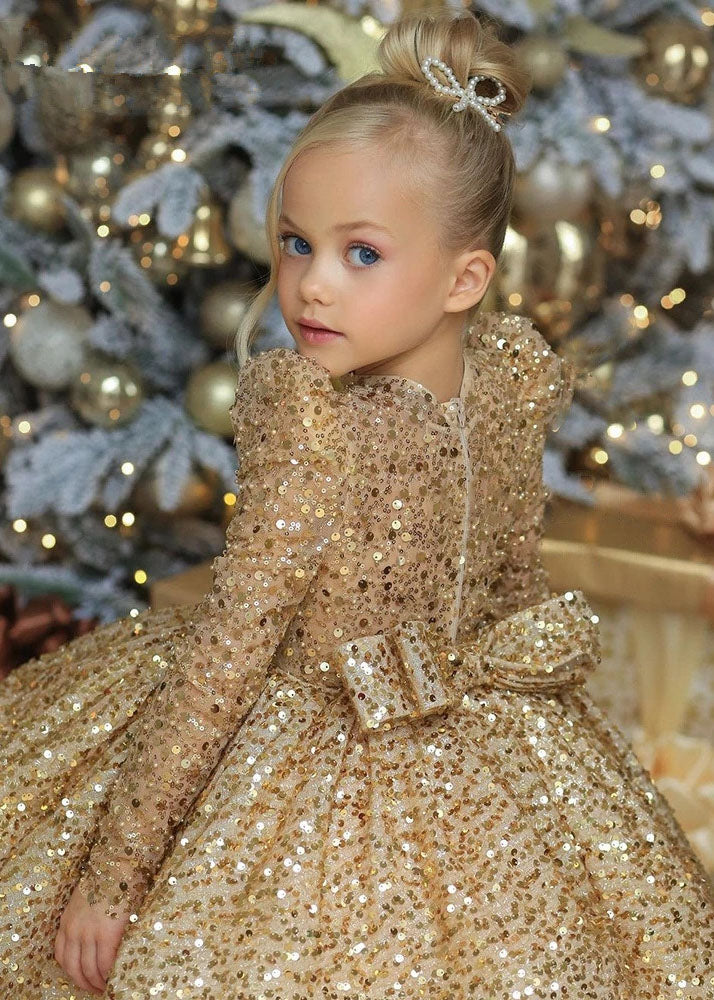 Fine Gold O-neck Sequins Tulle Kids Long Dresses Spring Ys009