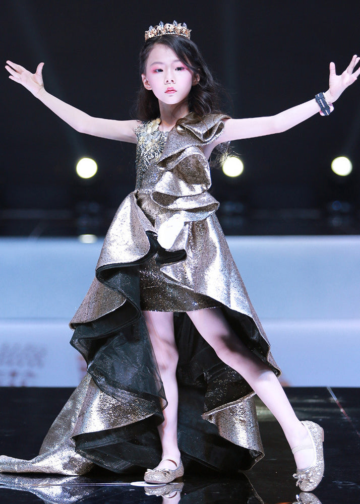 Fine Gold Patchwork Low High Design Kids Maxi Dress Sleeveless Yg014