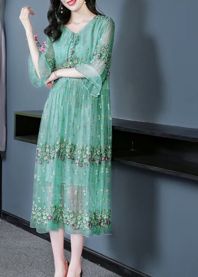Fine Grass Green Embroideried Patchwork Silk Maxi Dresses Ac3047