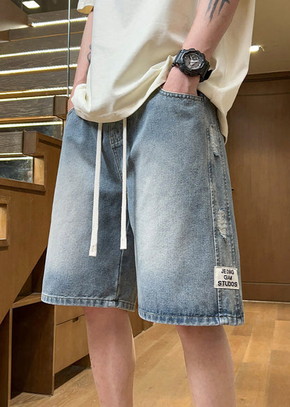 Fine Light Blue Hole Lace Up Elastic Waist Denim Shorts Summer Yl027