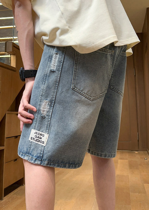 Fine Light Blue Hole Lace Up Elastic Waist Denim Shorts Summer Yl027