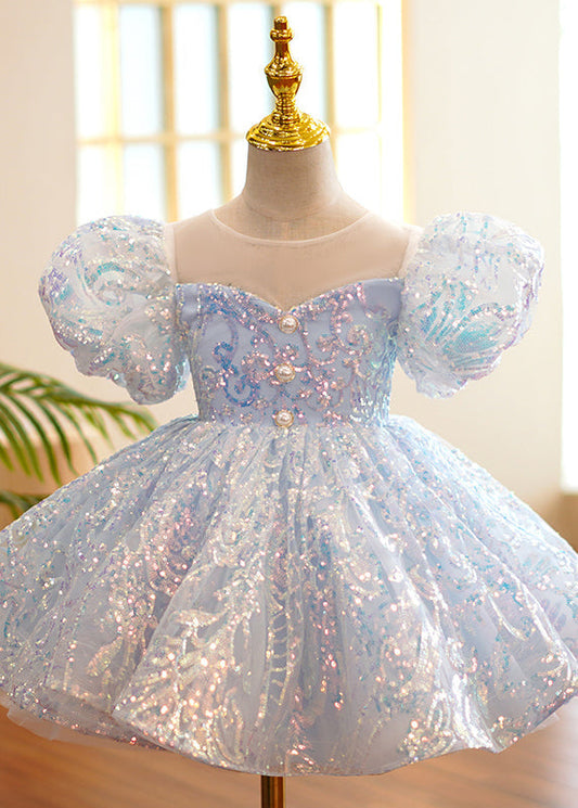 Fine Light Blue O-neck Sequins Tulle Party Long Dress Summer Ys035