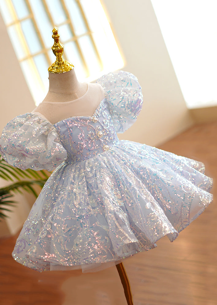 Fine Light Blue O-neck Sequins Tulle Party Long Dress Summer Ys035