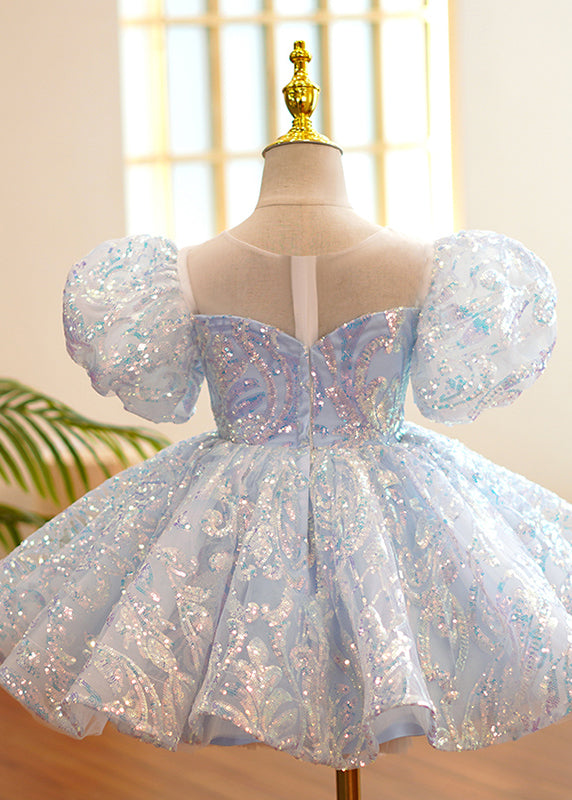 Fine Light Blue O-neck Sequins Tulle Party Long Dress Summer Ys035