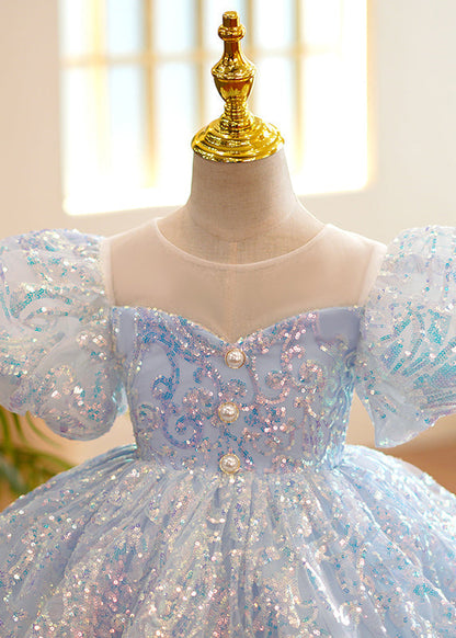 Fine Light Blue O-neck Sequins Tulle Party Long Dress Summer Ys035