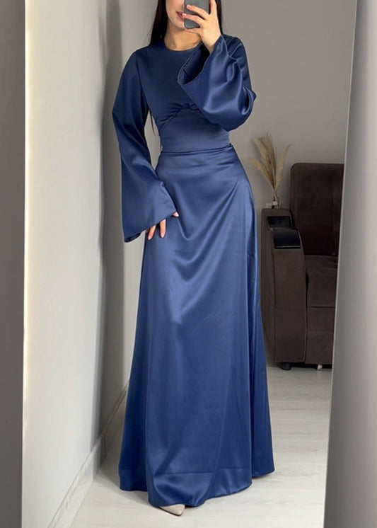 Fine Navy O Neck Lace Up Slim Fit Silk Long Dress Fall Wo057