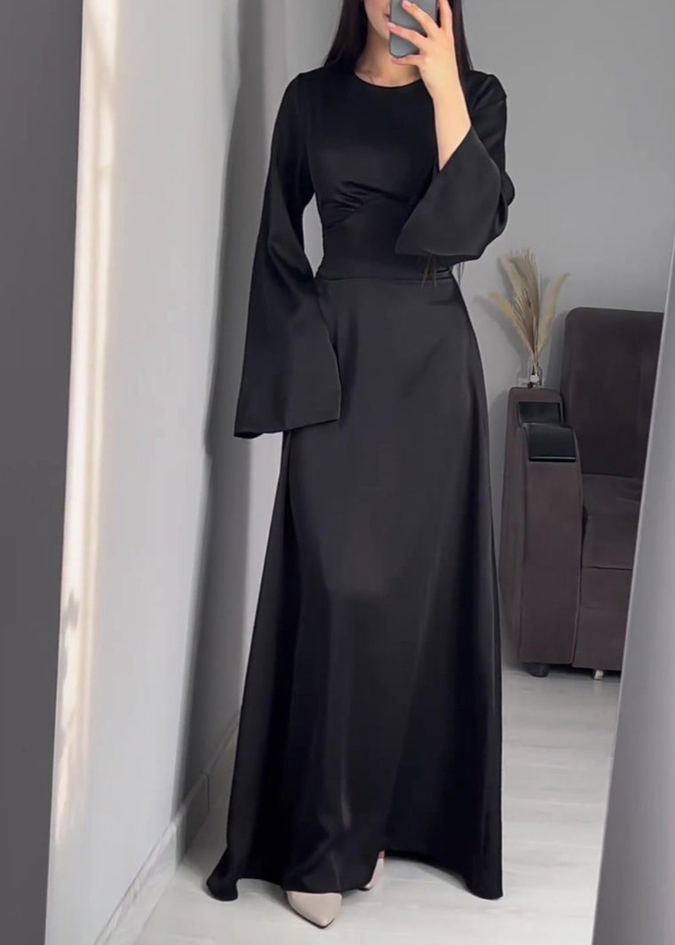 Fine Navy O Neck Lace Up Slim Fit Silk Long Dress Fall Wo057