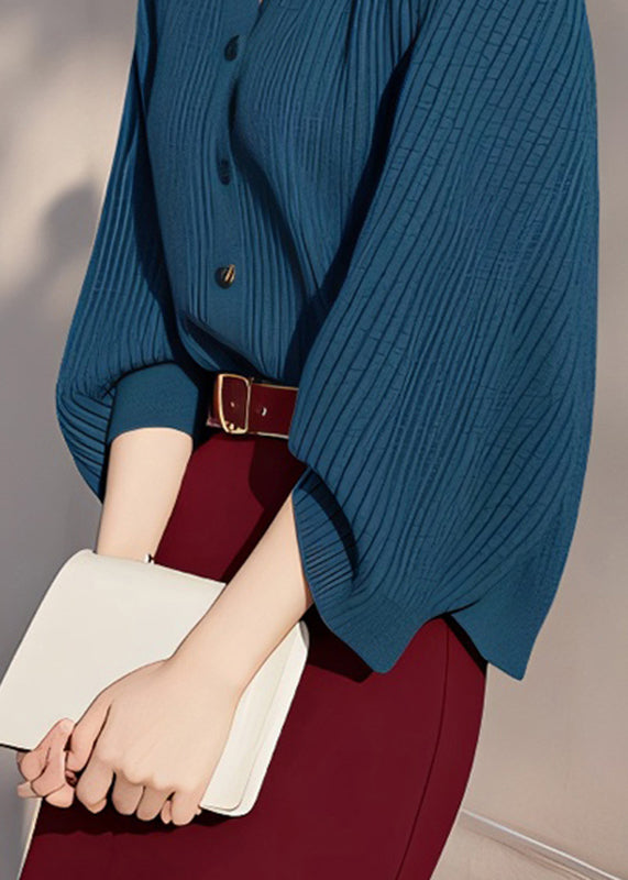 Fine Peacock Blue Turtleneck Hollow Out Cotton Knit Sweater Spring To038