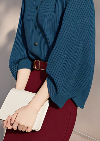 Fine Peacock Blue Turtleneck Hollow Out Cotton Knit Sweater Spring To038