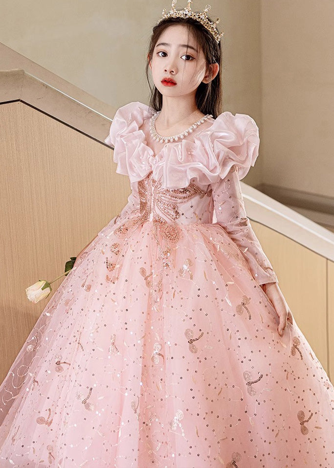 Fine Pink Embroideried Patchwork Tulle Kids Maxi Dress Fall Rp037