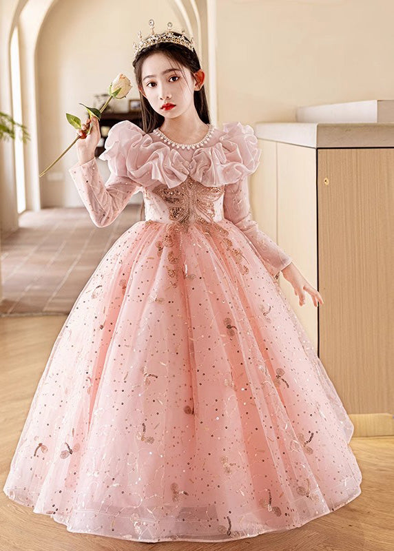Fine Pink Embroideried Patchwork Tulle Kids Maxi Dress Fall Rp037
