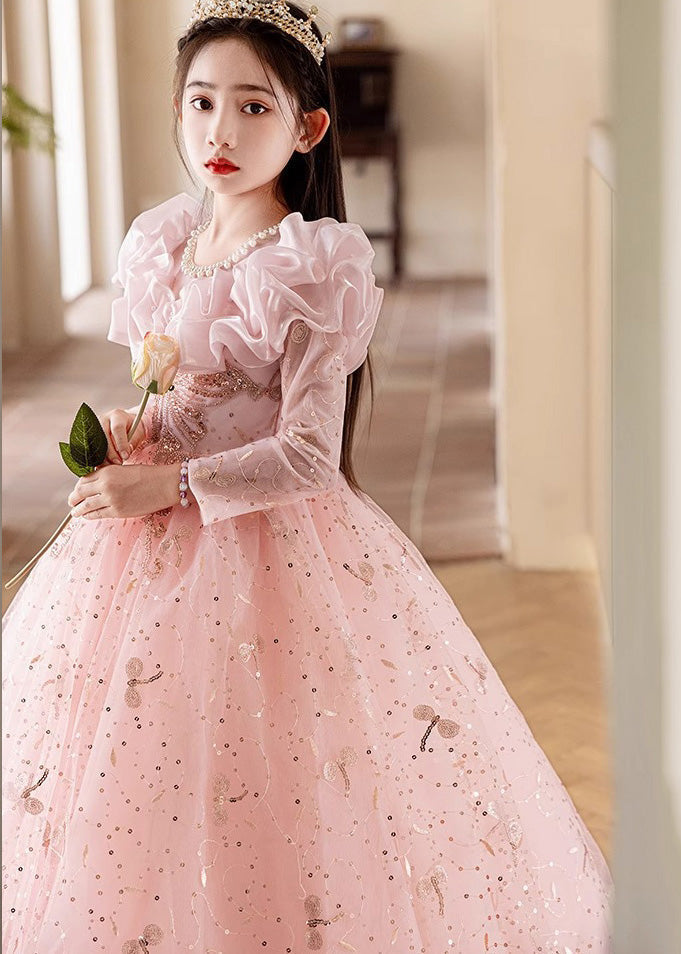 Fine Pink Embroideried Patchwork Tulle Kids Maxi Dress Fall Rp037