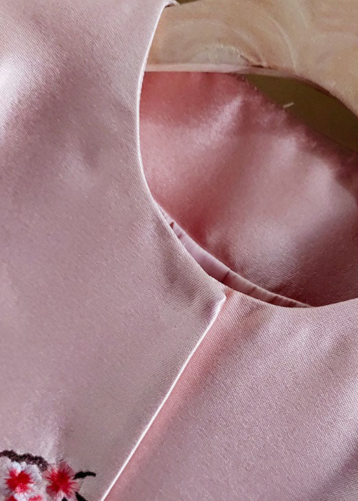 Fine Pink O-neck Embroideried Patchwork Silk Coat Spring Ly0990