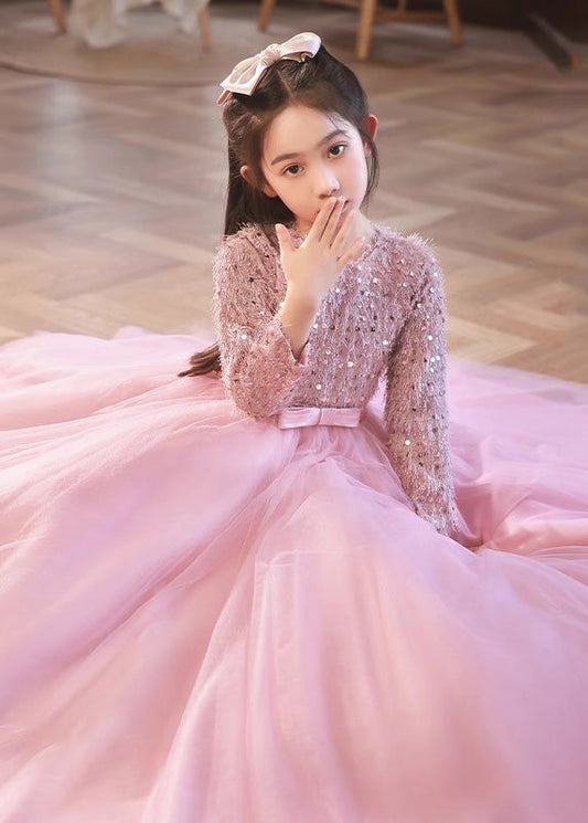 Fine Pink O-neck Patchwork Tulle Maxi Dress Winter Rp044