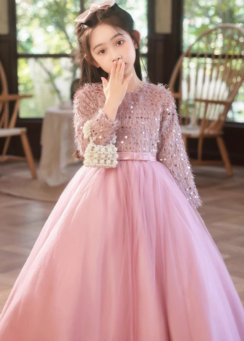 Fine Pink O-neck Patchwork Tulle Maxi Dress Winter Rp044