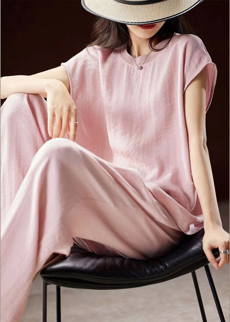 Fine Pink O-neck Top and Wide Leg Pants Silk Linen Two Pieces Set Summer Ww028