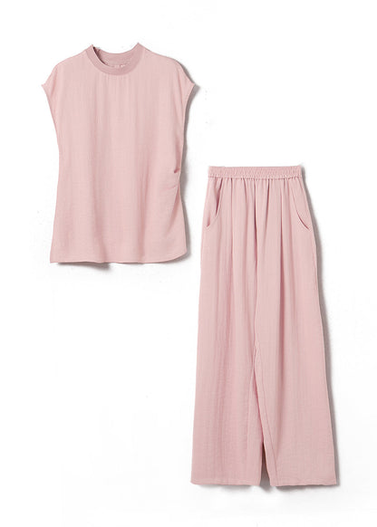 Fine Pink O-neck Top and Wide Leg Pants Silk Linen Two Pieces Set Summer Ww028
