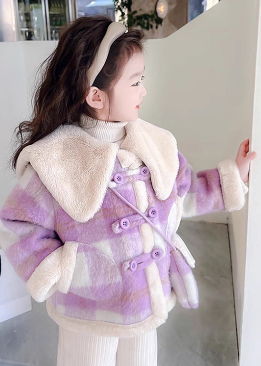 Fine Purple Peter Pan Collar Pockets Plaid Kids Fuzzy Fur Coats Winter Wl034