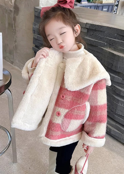 Fine Purple Peter Pan Collar Pockets Plaid Kids Fuzzy Fur Coats Winter Wl034
